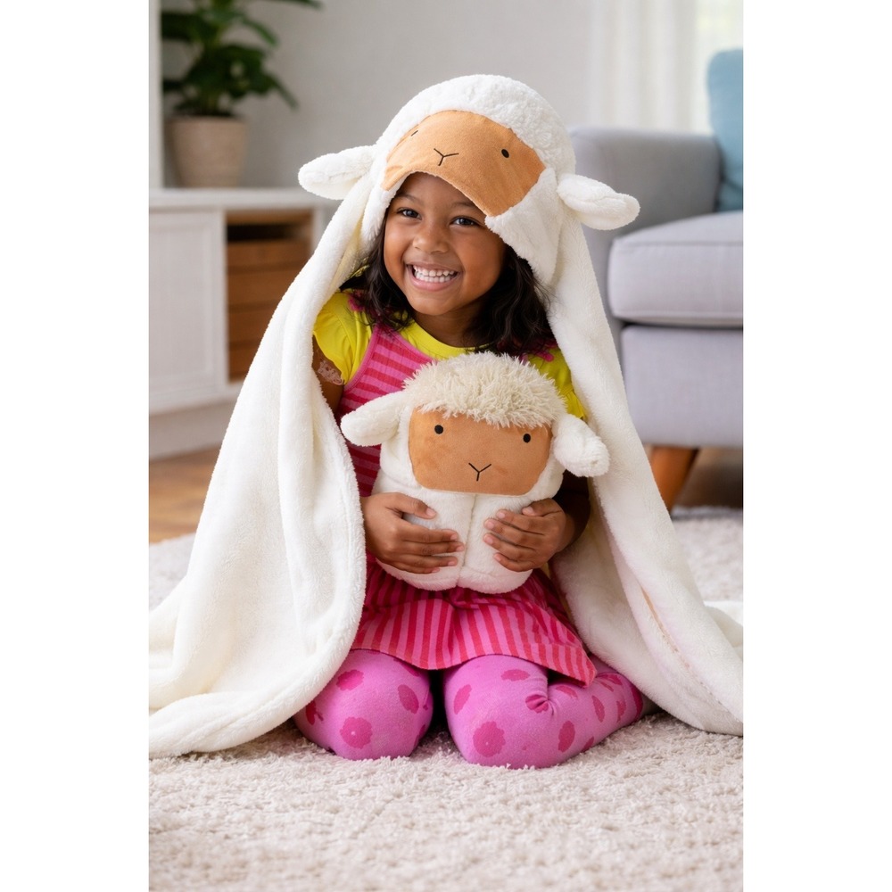 Pillowfort Sheep Hooded Blanket w/ Built-in Hand Mitts Kids Warm & Cozy Winter